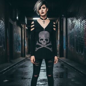 SKULL BONES Crystal Studded Black Silver Caged Long Sleeve Goth Punk Rock Pirate
